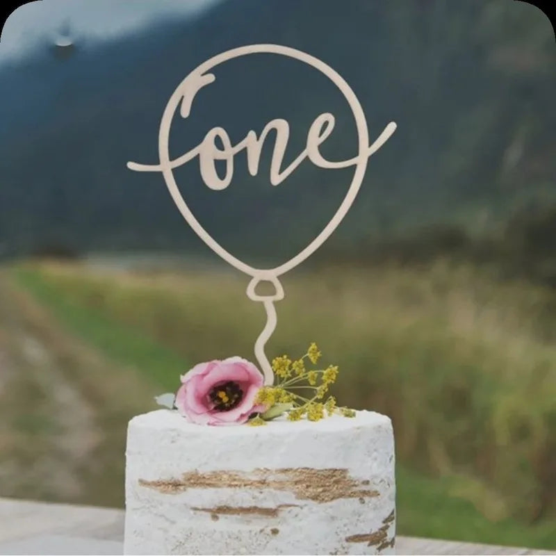 One Year Old Happy Birthday Cake Topper Flower Plant Wooden Baby Cake Topper For Kids Birthday Party Cake Decoration Baby Shower