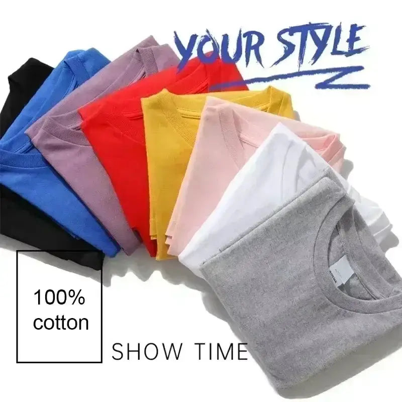 una colección de camisetas de algodón de cuello redondo en colores sólidos, incluidos azul marino, negro, azul, morado, rojo, amarillo, rosa, blanco y gris