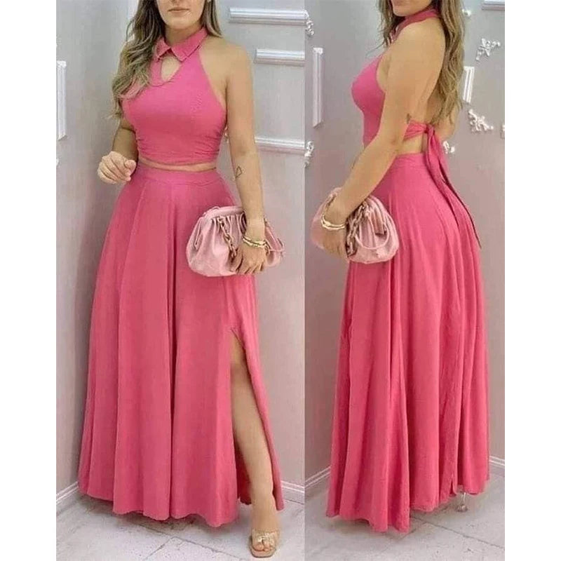Women's Pink Two Piece Set Halter Collar Crop Top Split Maxi Skirt Ideal for Evening Parties Summer Weddings Chic Outings