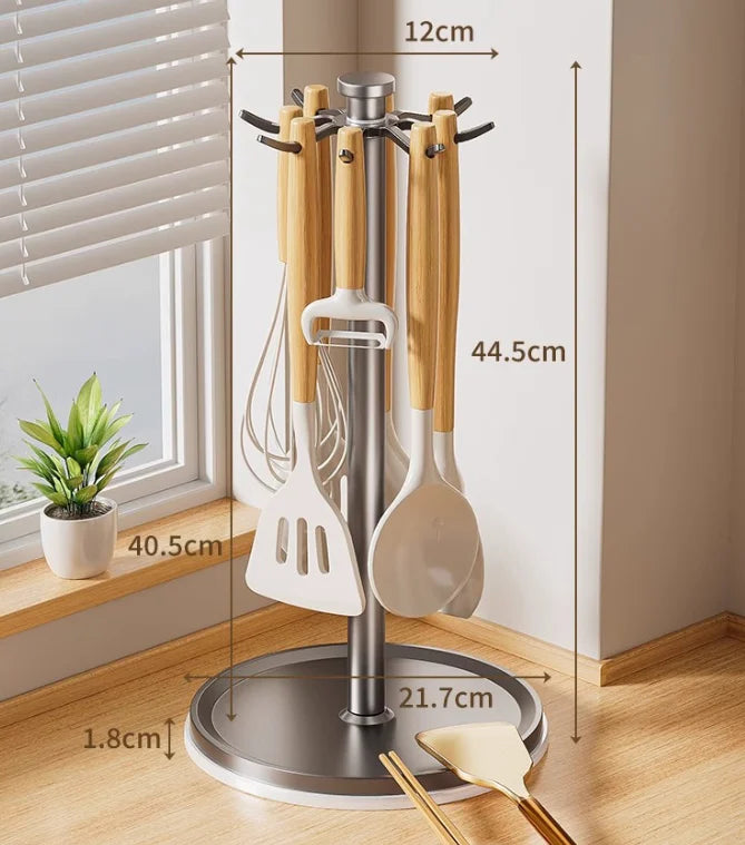 Kitchen Utensil Stand: Rotating Storage Hanger with 8 Hooks,for Countertop Organization Rotatable Cooking Utensils Holder