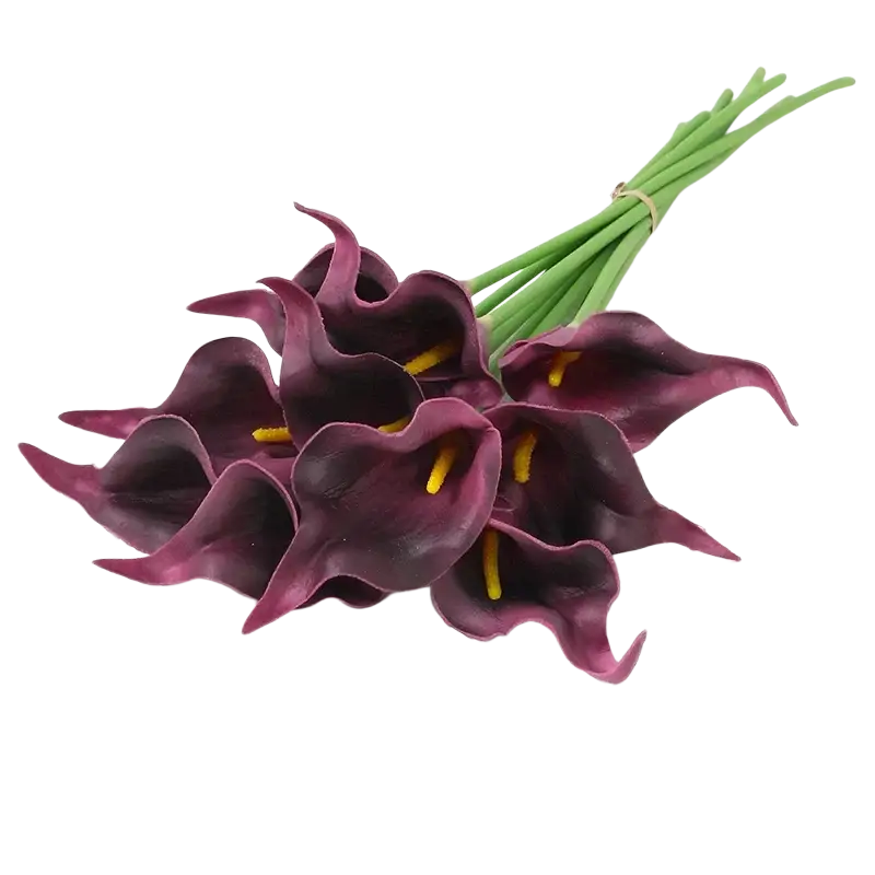 A bouquet of five artificial purple calla lily flowers with yellow stamens and green stems for home decor