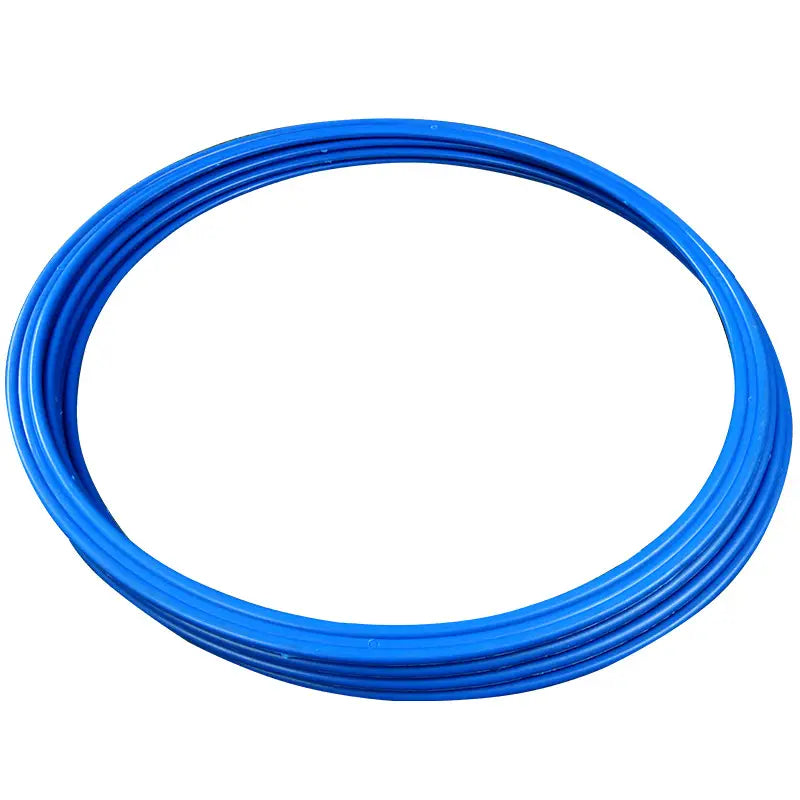 Coiled blue plastic tubing for agility training rings used in soccer speed exercise equipment.
