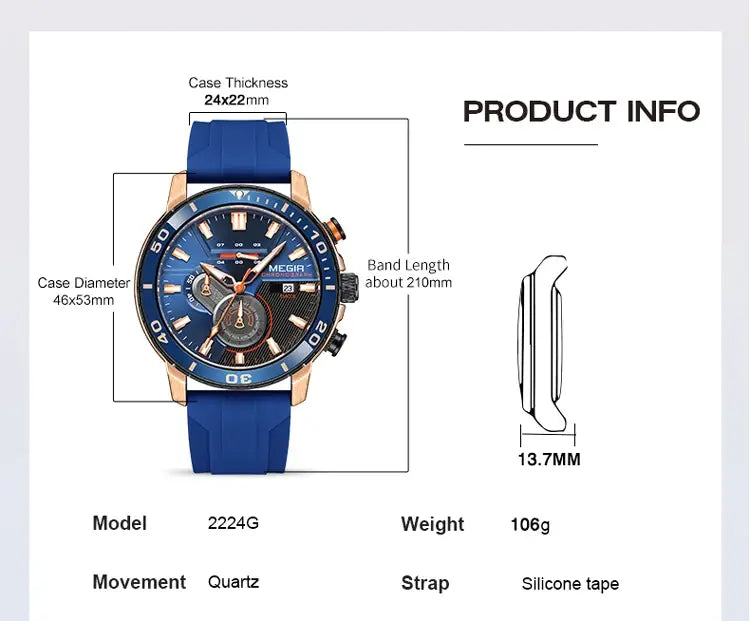 Megir men chronograph quartz sport watch with blue silicone strap and rose gold-tone case and dial featuring a chronograph design.