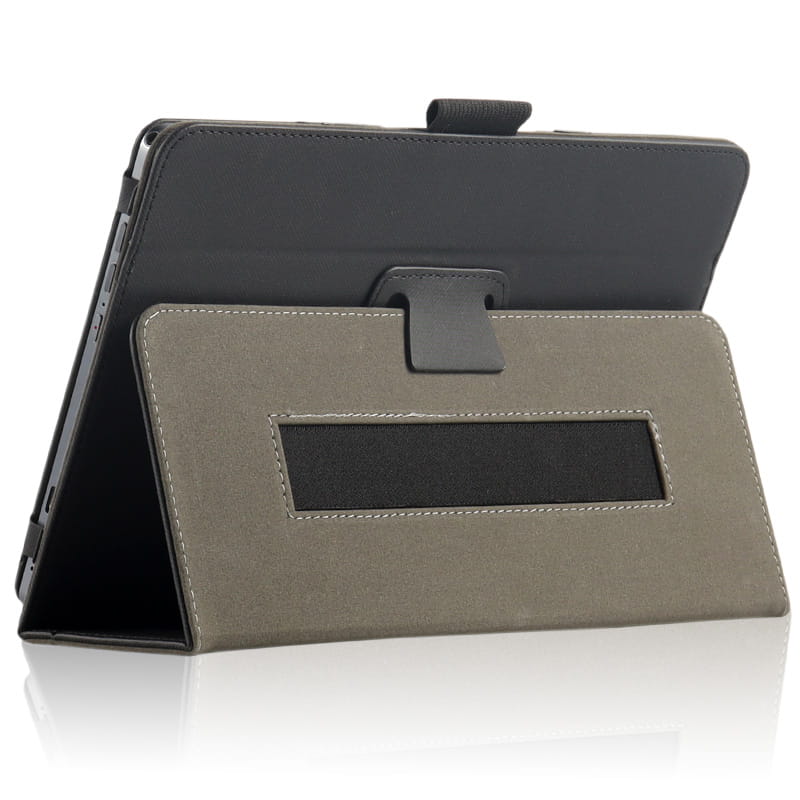 Gray textured leather tablet case with black accents and a built-in stand for acer iconia tab p10.