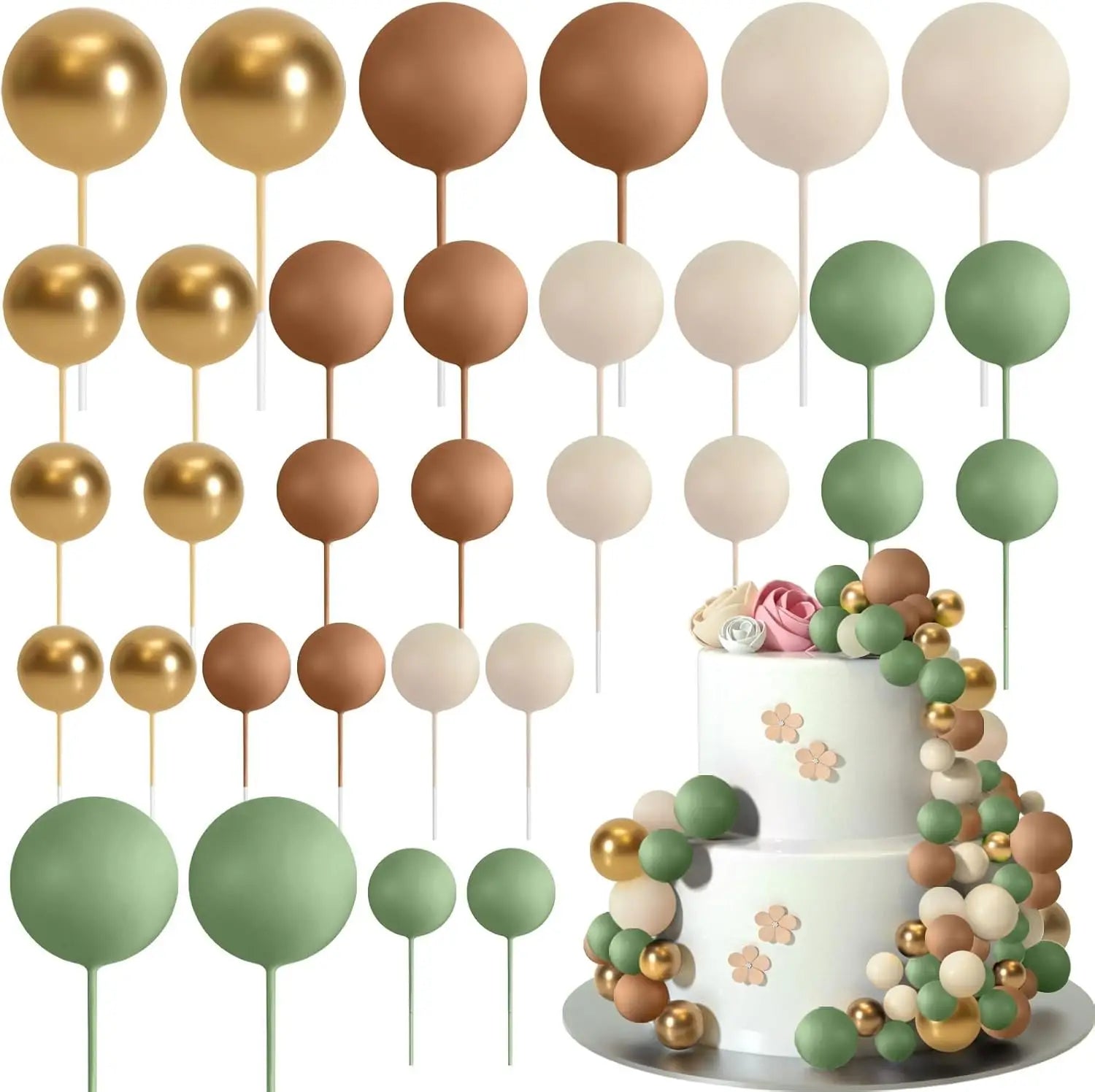 un ensemble de 20 toppers ronds au fini mat en or, bronze, beige et vert sauge, fabriqués en boules en mousse sur de fines tiges, pour la décoration de gâteau de mariage, fête d’anniversaire et d’anniversaire.
