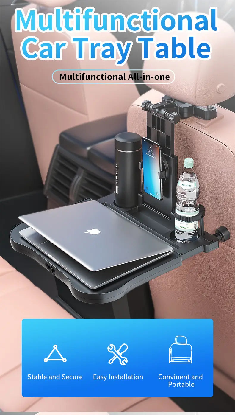 Black multifunctional car headrest laptop tray and food holder featuring adjustable clamps and built-in cup holders.