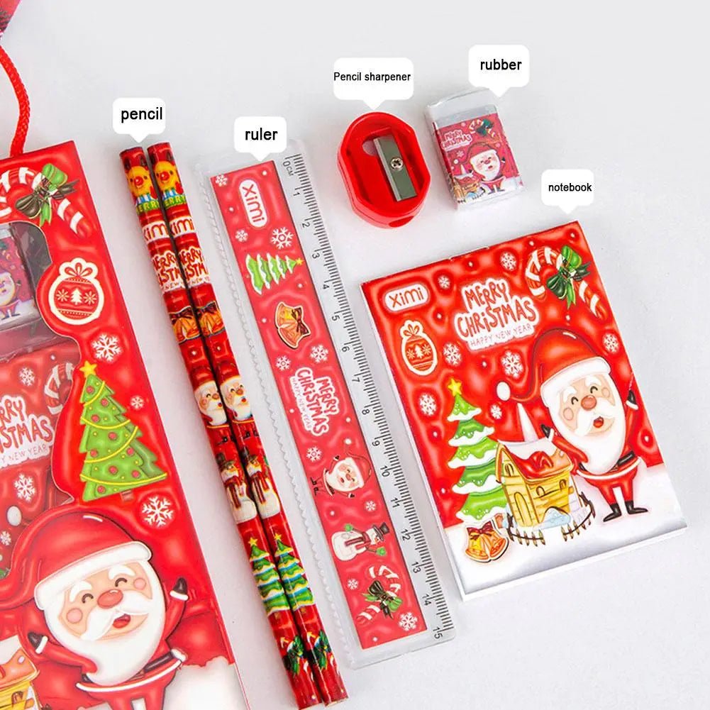 Red christmas-themed notebook with santa claus and holiday decorations on the cover from the space theme cartoon kids stationery set.