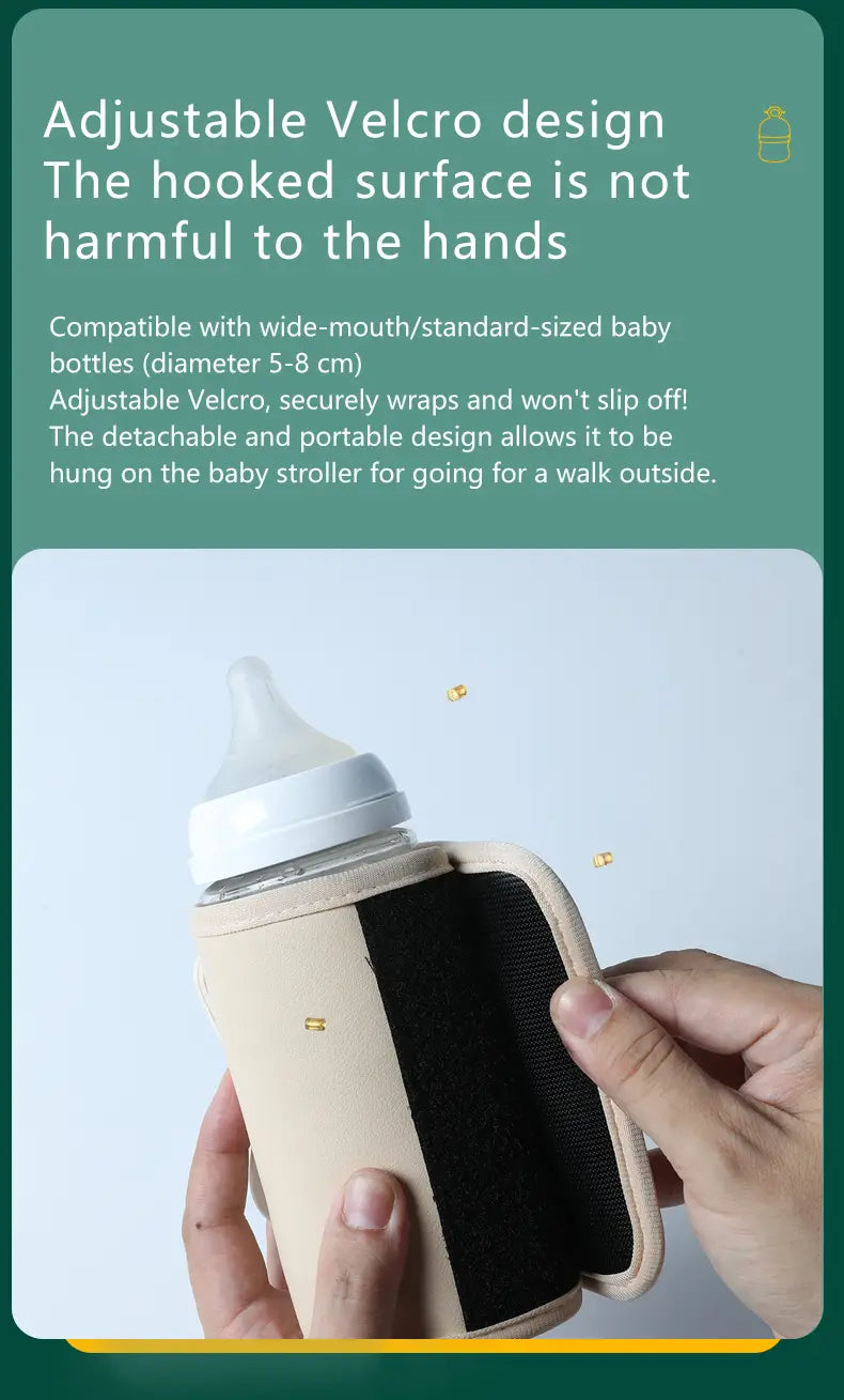 Beige und schwarzer tragbarer USB-Babyflaschenwärmer mit verstellbarem Klettverschluss und weich gepolsterter Ausführung für ein sicheres Umwickeln von Standardflaschen.