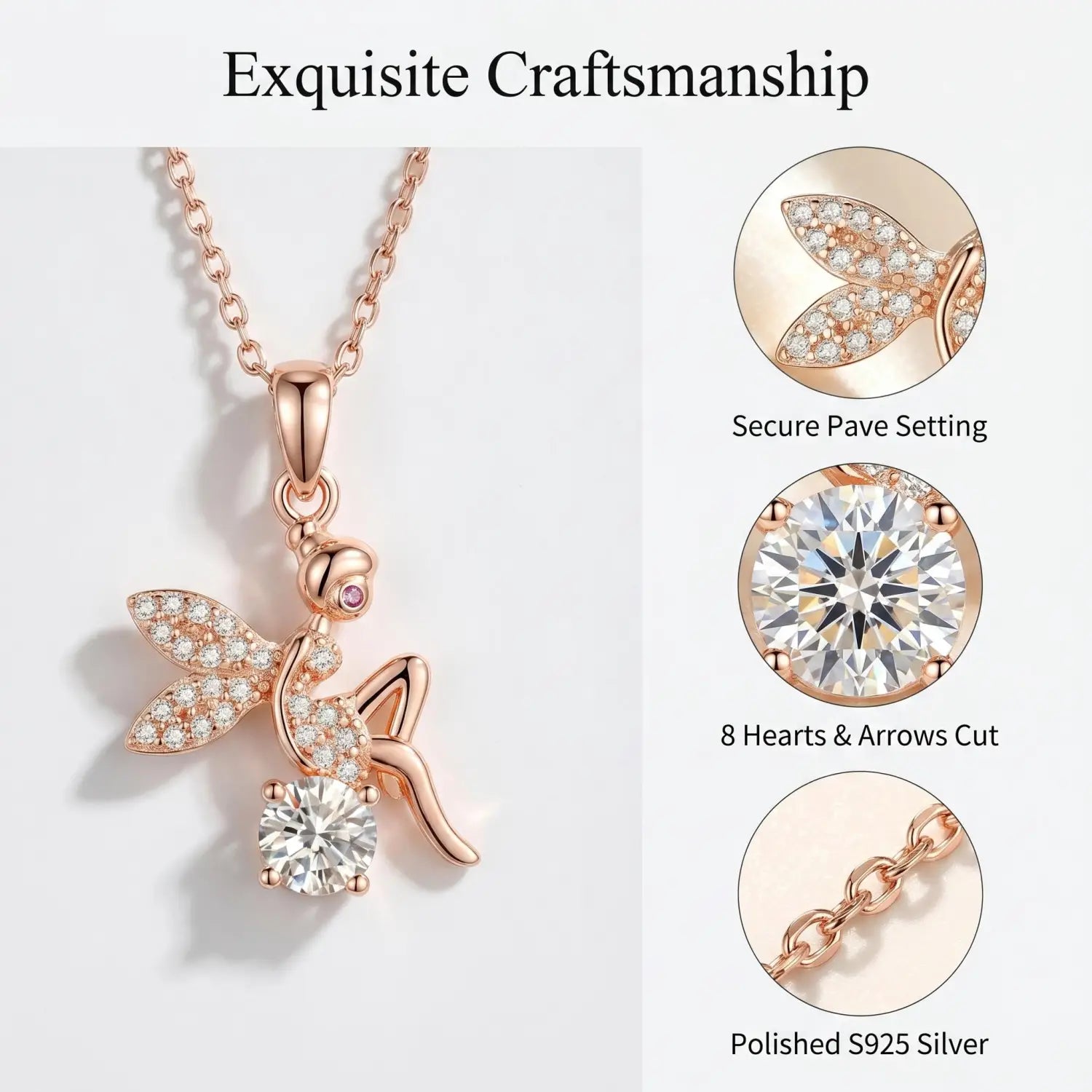 ローズゴールドの妖精モチーフペンダントネックレス。パヴェセッティングのクリアクリスタルと、シルバーのローズゴールドにセットされた中央の「8つのハート＆アロー」カットのモアッサナイト・ダイヤモンドが特徴です。