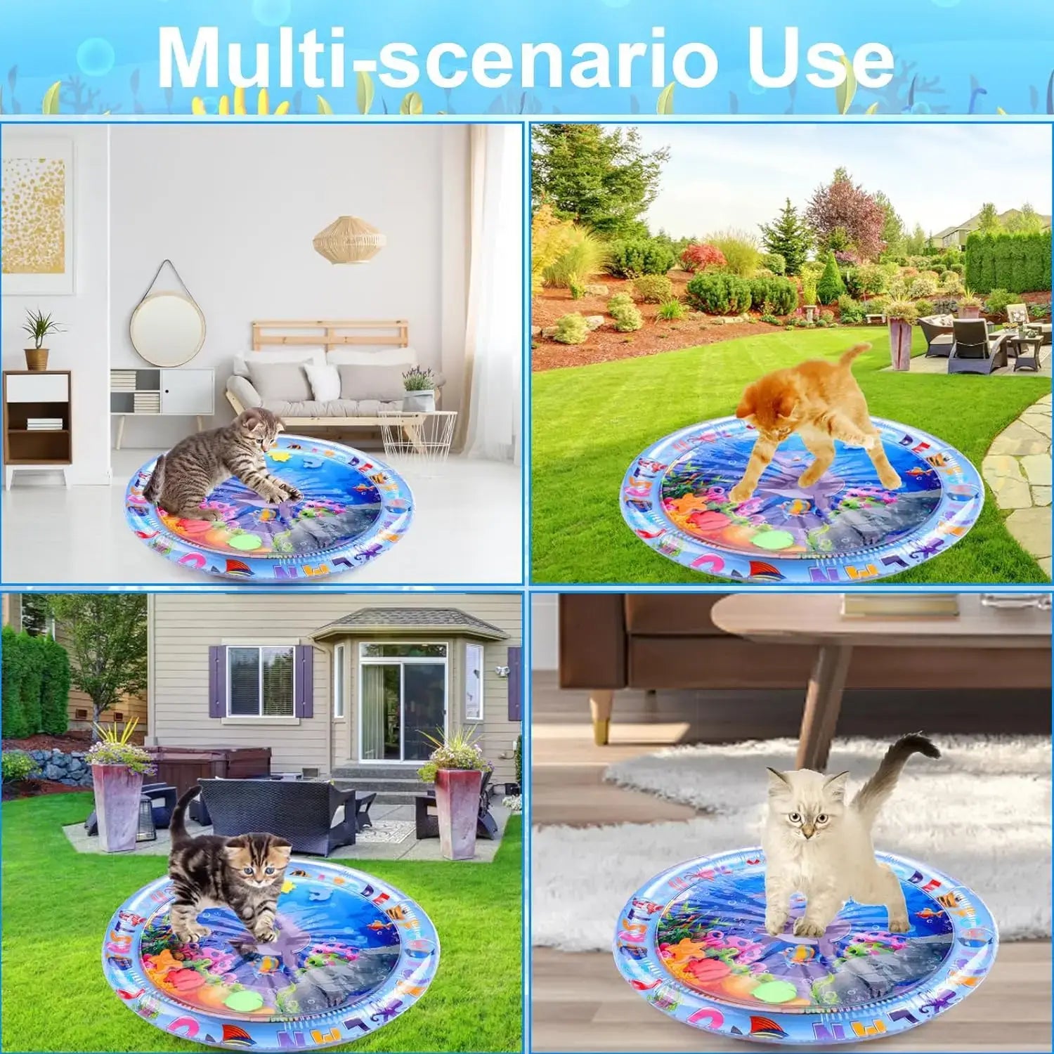 Inflatable water mat with a vibrant underwater scene design featuring colorful fish and aquatic elements on a circular play mat surface for pet use.