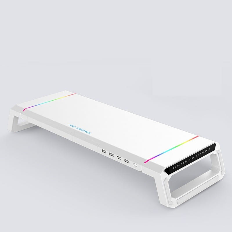 Support de moniteur RGB en plastique blanc avec bande LED arc-en-ciel et plusieurs ports USB, doté d’un tiroir de rangement pour l’organisation.