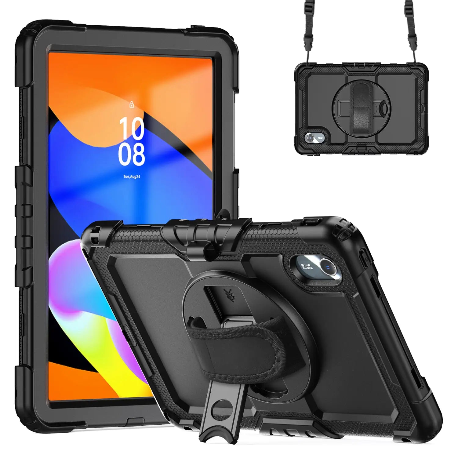 black rugged armor case for tb336fu xiaoxin pad 11 featuring a built-in kickstand and wrist strap shown from the back side