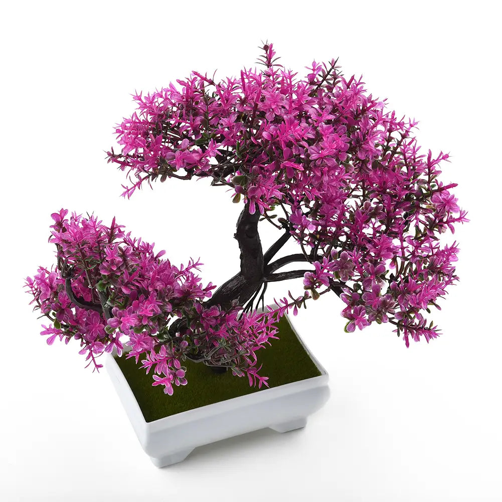 une plante artificielle de type bonsaï très vibrante rose, petit pot d’arbre, avec des branches sombres détaillées dans un élégant pot rectangulaire blanc, adaptée comme plante décorative en pot