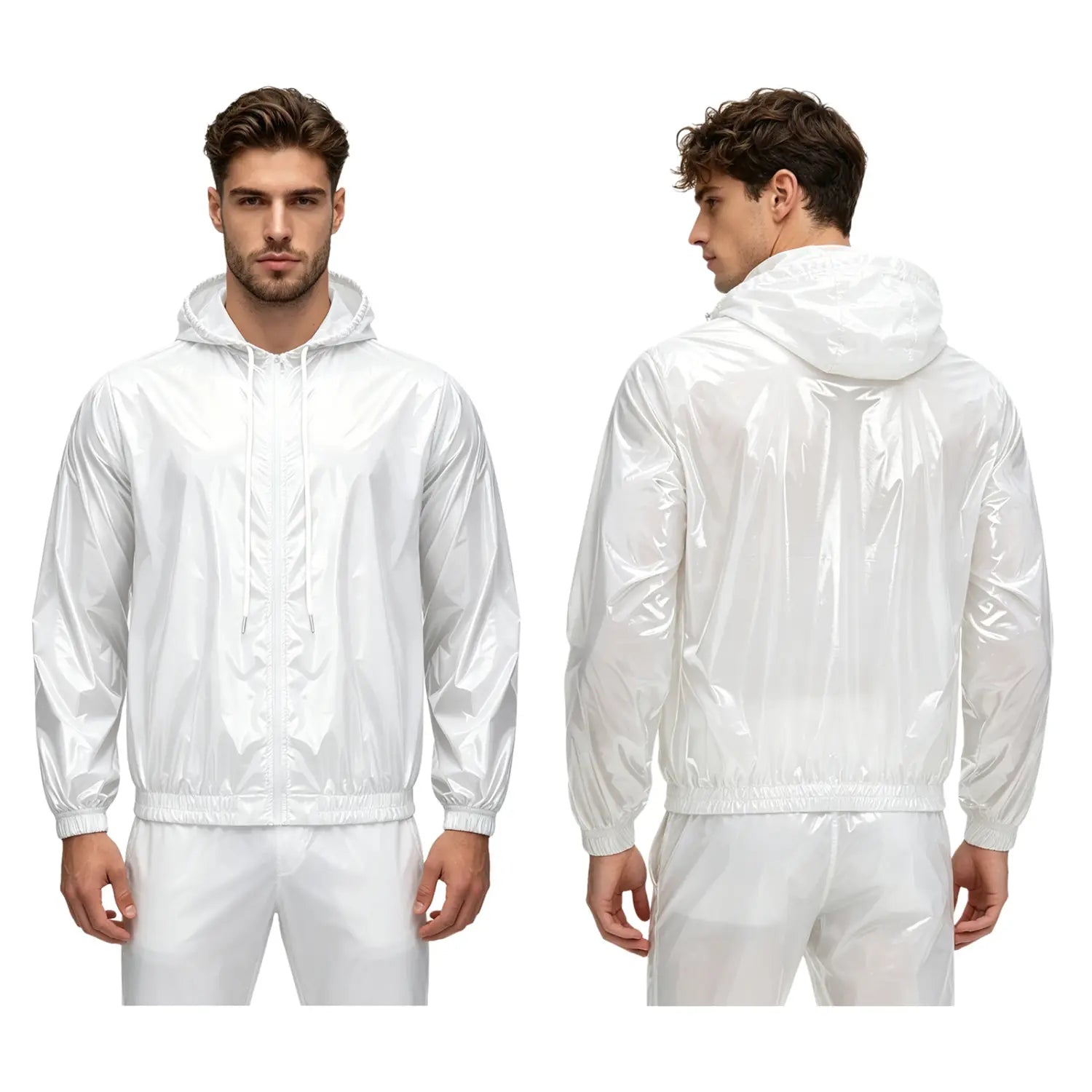 Men waterproof hooded windbreaker jacket in white shiny nylon with a front zipper closure.