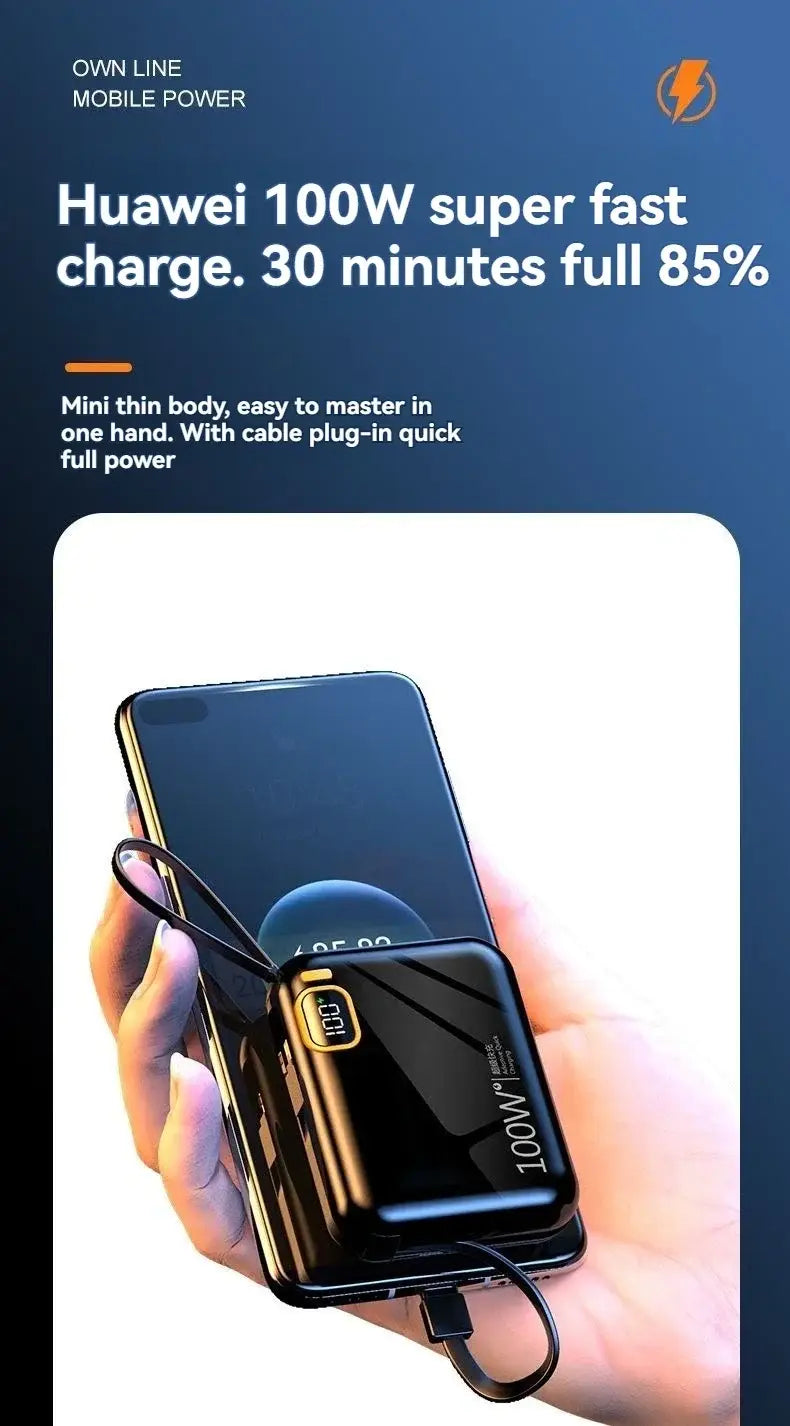 Black Huawei quick charge power bank with 100w super fast charge, sleek mini thin body, built-in cable plug-in design, and 20000mAh capacity.