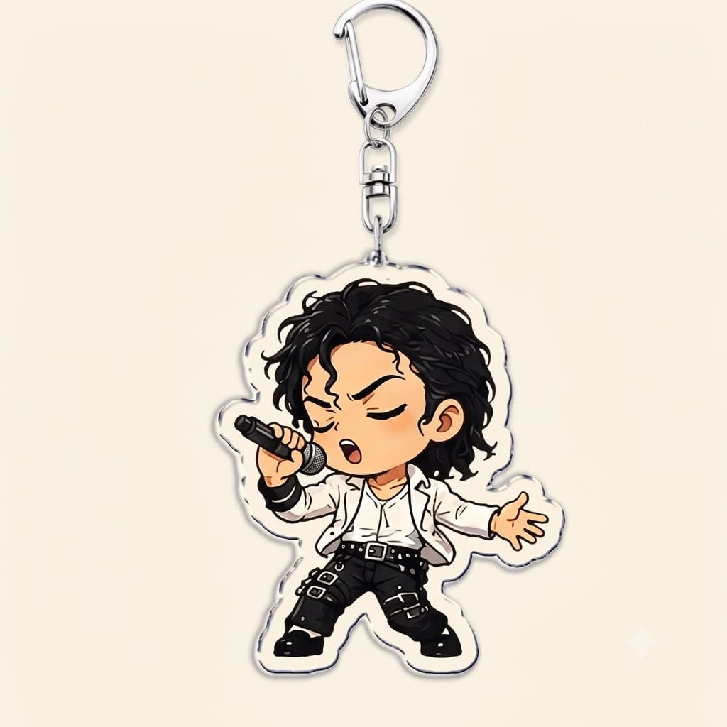 Chibi-style acrylic keychain featuring a cartoon depiction of Michael Jackson in his iconic white jacket and black pants holding a microphone.