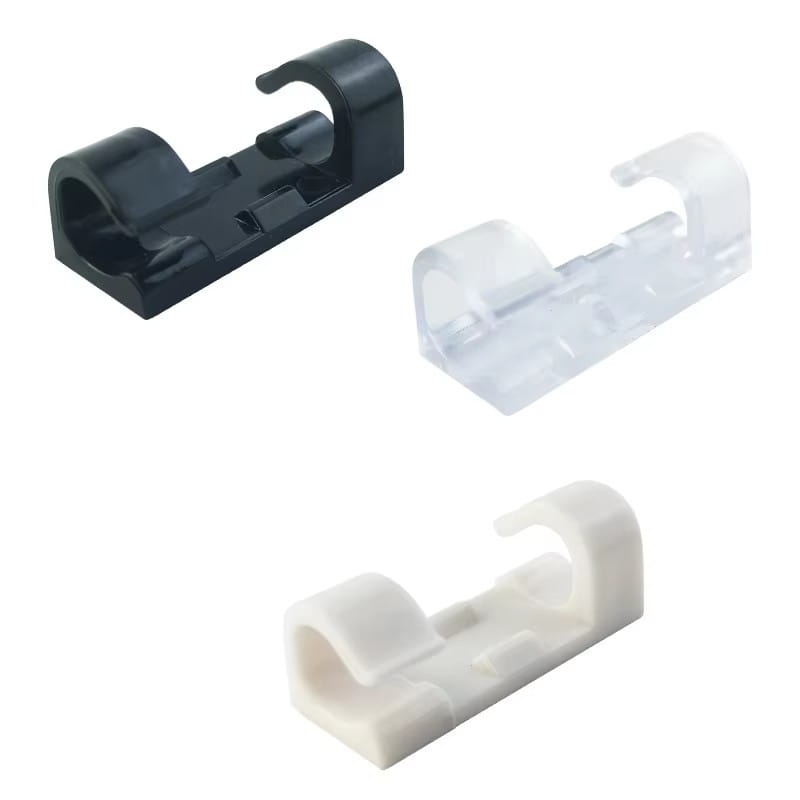 Cable organizer clips desktop cord management holder featuring black clear and white plastic with a curved hook design.