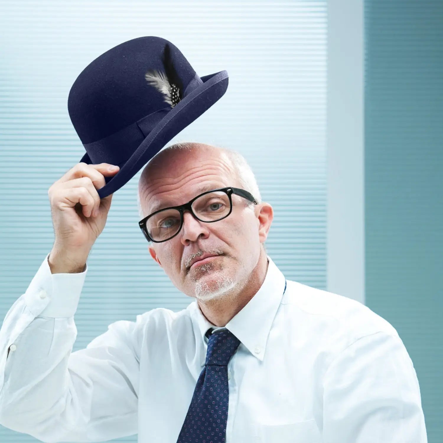 Navy blue wool felt men fedora hat with white feather accent suitable for winter and jazz style.
