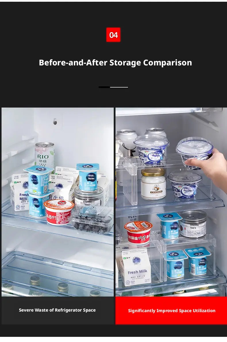 Clear expandable cabinet organizer and spice rack made of clear plastic with multiple compartments for refrigerator storage.