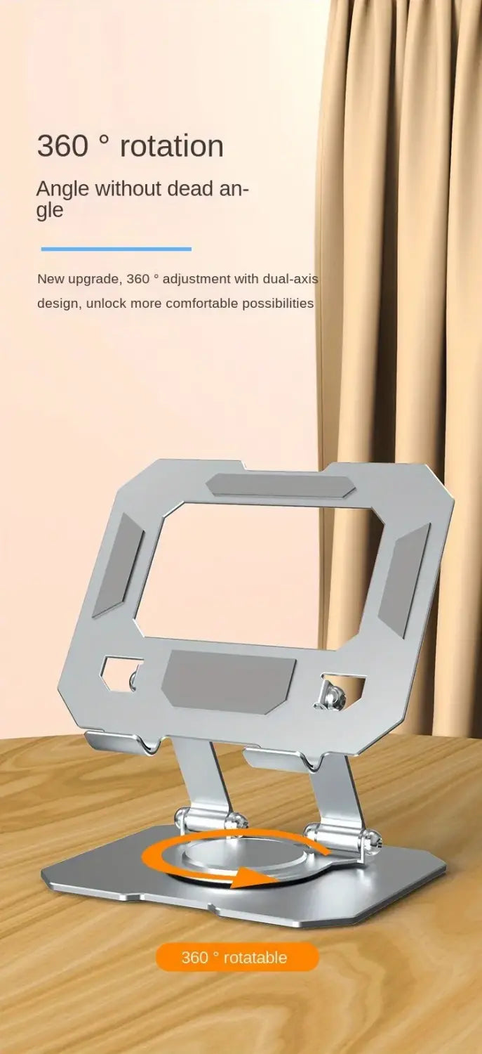 Support de tablette réglable avec rotation à 360° finition argent métallique, design angulaire élégant et rotation à double axe sur 360°.