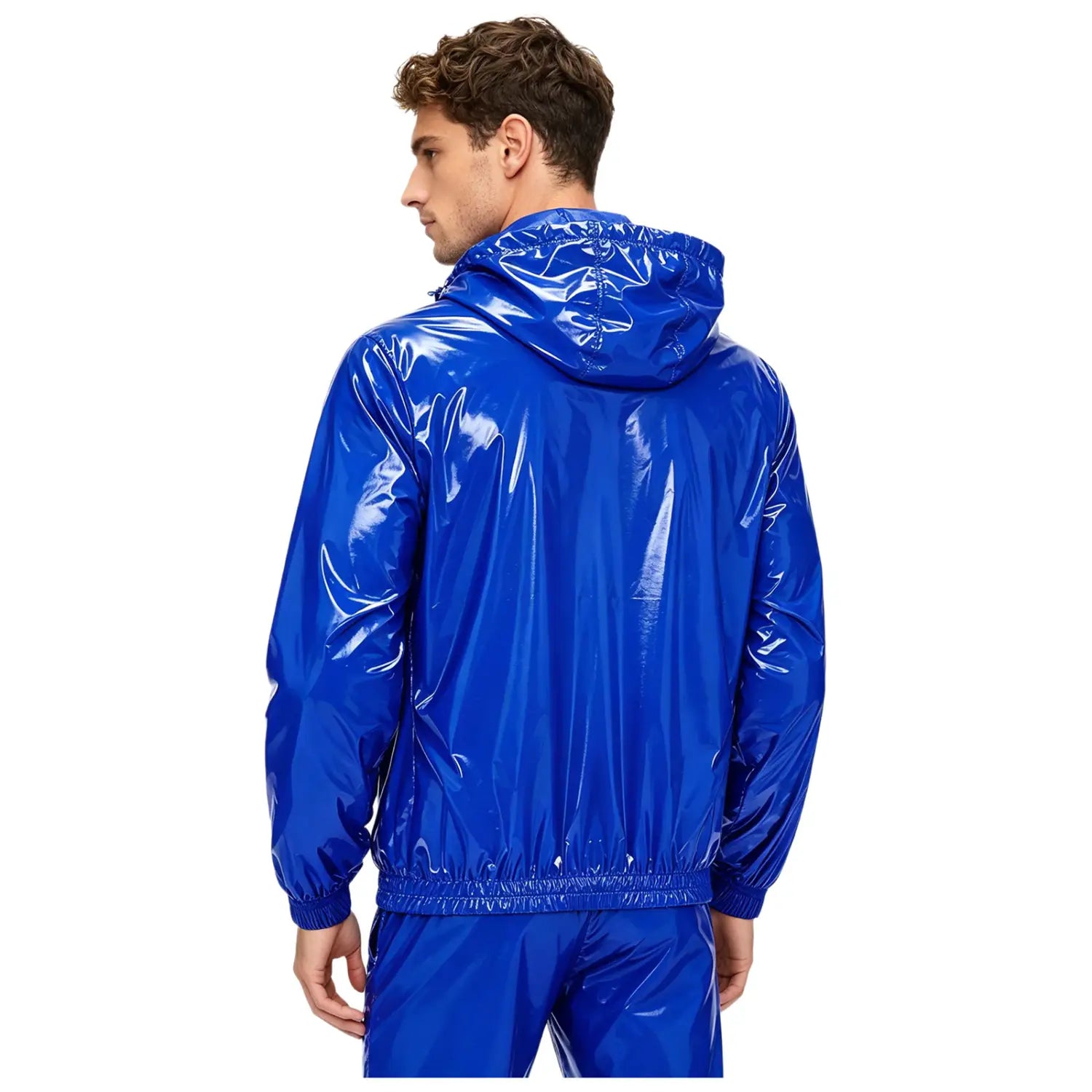 Vibrant royal blue glossy nylon men waterproof hooded windbreaker jacket with elastic cuffs and waistband.