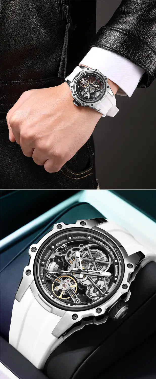 Megir automatic skeleton watch with white silicone strap silver-toned case and exposed mechanical movement.