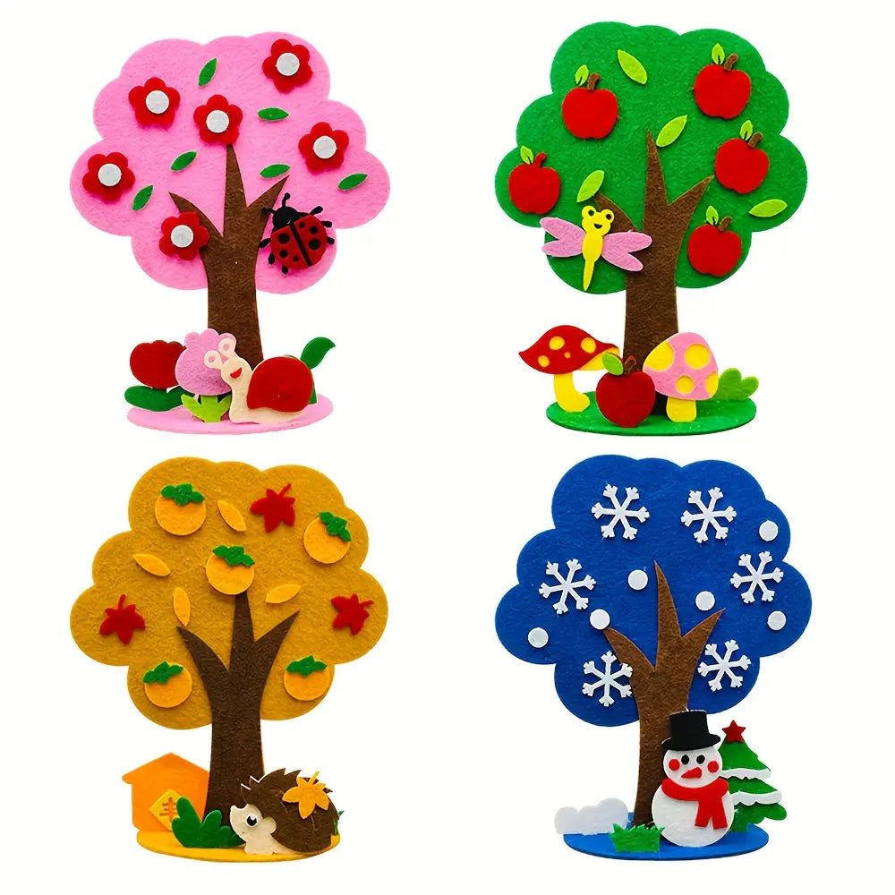 cuatro decoraciones murales estacionales de árbol de fieltro en rojo, blanco, verde y naranja que presentan elementos de la naturaleza como manzanas, copos de nieve y hojas de otoño, procedentes de un kit de manualidades estacionales de árbol de fieltro tipo diy