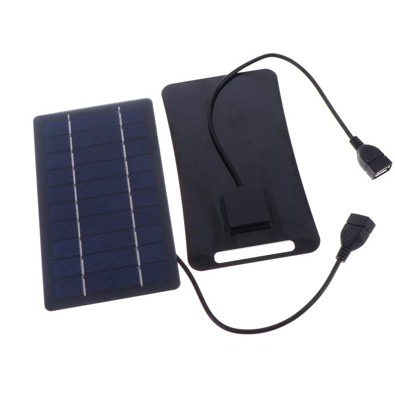 Black rectangular portable solar panel with two usb ports and flexible charging panel design for hiking to stay connected.