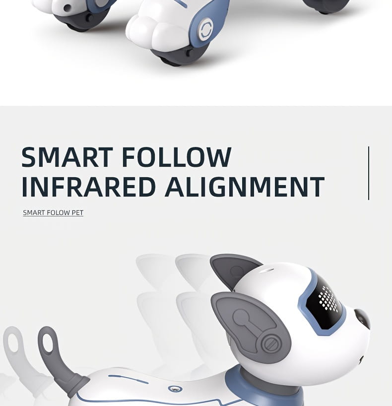 White and blue remote control robotic dog toy with gray accents and sleek plastic body featuring digital eye display and rechargeable battery.