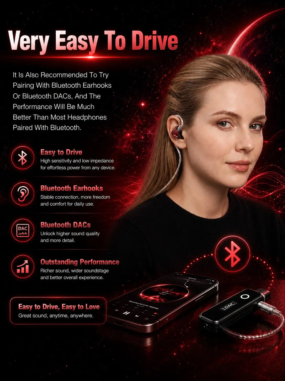 DAC Bluetooth noir avec accents argent et design compact élégant pour l’Erand Resonance 5 hybride IEM, doté d’un répartiteur 5 voies et d’un crossover RLC pour une réponse en fréquence améliorée