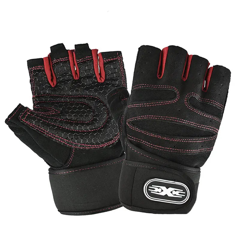 Weightlifting gloves with wrist wrap in black and red featuring fingerless design, textured palm, breathable mesh panels, and reinforced stitching.