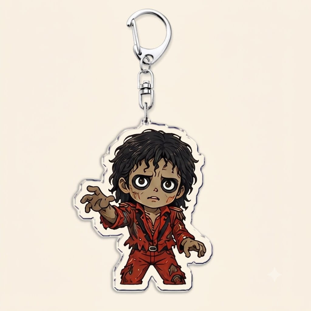 Michael Jackson chibi acrylic keychain featuring a zombie-themed character in a red outfit with black hair and detailed facial expression.