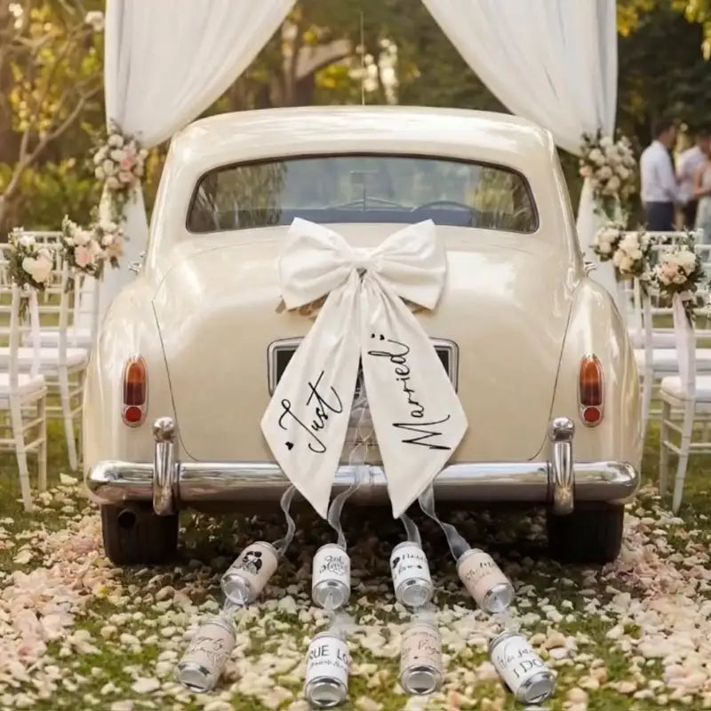 Une voiture ancienne de couleur crème décorée d’un grand nœud en satin blanc et de bouteilles de champagne pour une décoration de nœud de voiture « just married ».