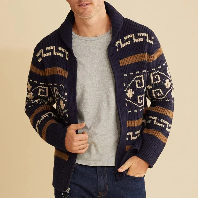 Winter Sweaters Cardigan Men Vintage Jacquard Kintted Jacket Knitwear Fashion Shawl Collar Zipper Casual Thick Cardigans Jersey