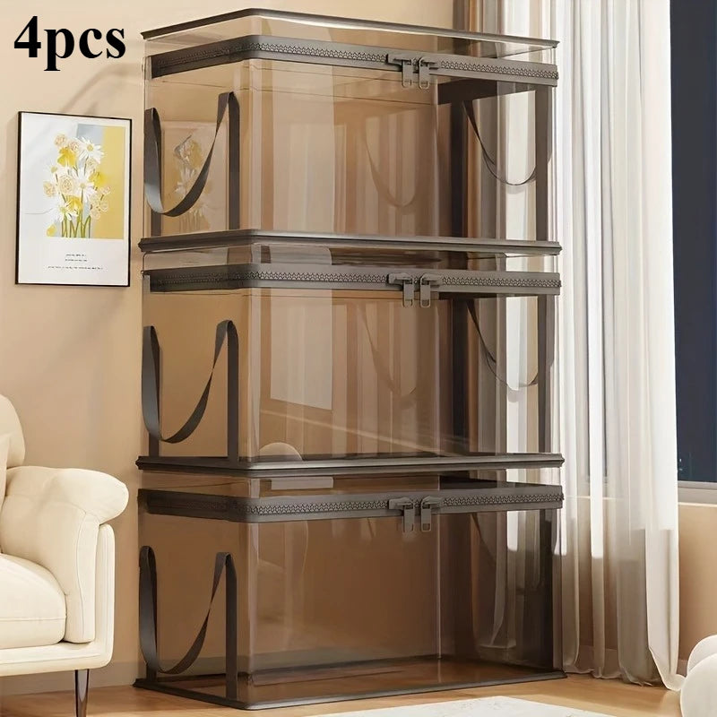 2-Pack Large Transparent Storage Boxes, Foldable and Space-Saving, with Flip Lids. Large Rectangular Organizer Boxes with Front Lids and Covers, Space-Saving Design, Suitable for Books, Clothes, Office, Home, Travel. Durable