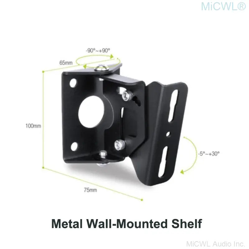 Black metal wall-mounted shelf with adjustable angles and central circular opening for micwl 10 inch wall mounted conference speakers.