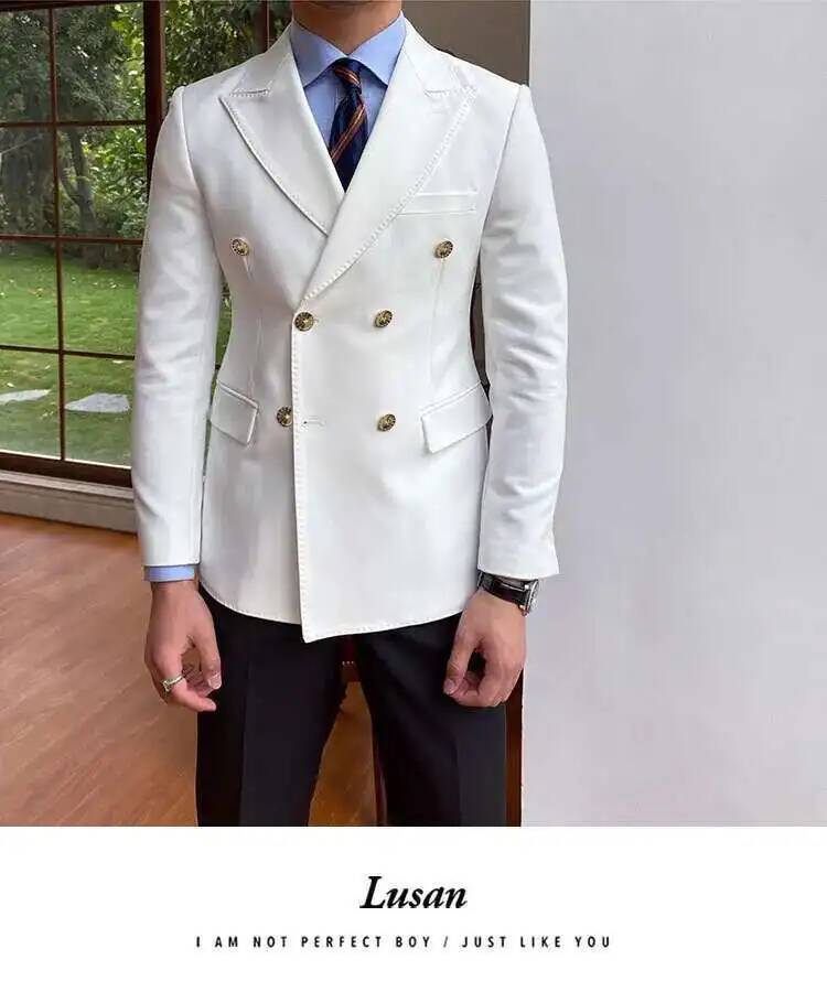 Sa7af7be9f1724dbda4ea2c697ffc70f6a.jpg White double breasted slim fit blazer jacket with gold toned buttons and tailored fit for men.