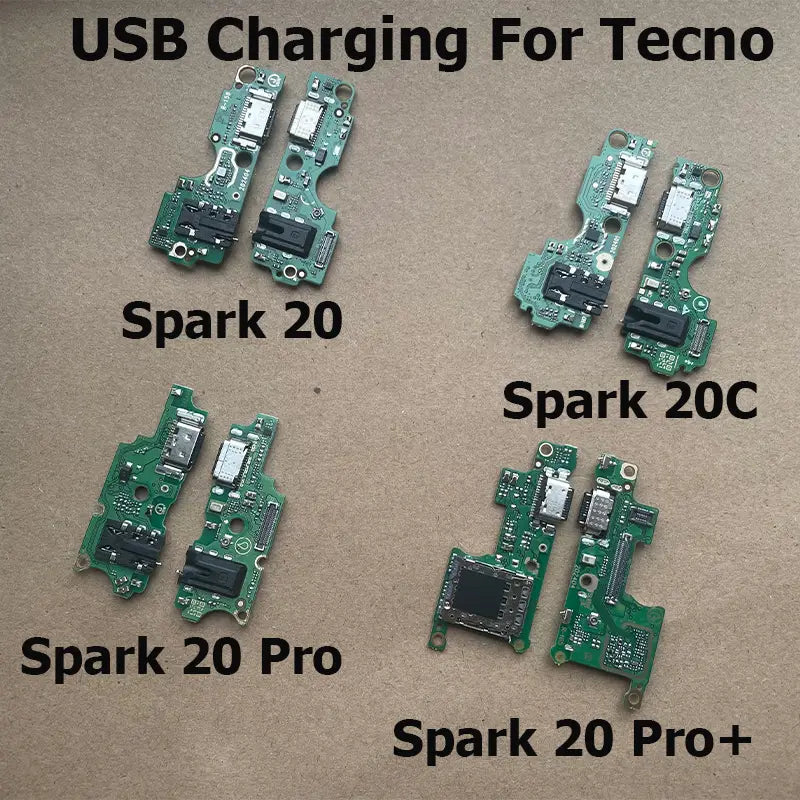 green circuit boards with usb charging ports for tecno spark 20 series smartphones displaying a usb charging dock flex cable for tecno spark 20 pro plus.