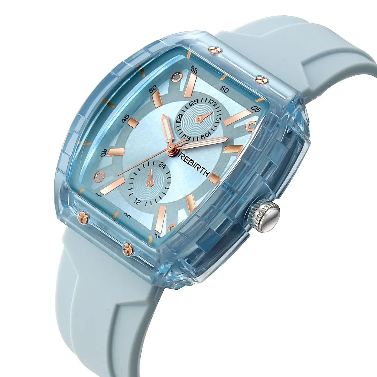 A translucent light blue silicone casual watch with a rose gold rectangular dial featuring rose gold hands and markers and a matching silicone strap.