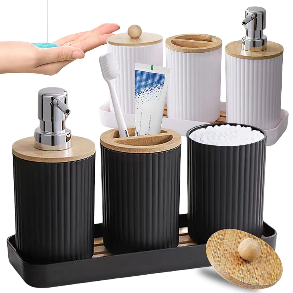 Bathroom Accessories Set Vanity Counter Soap Dispenser Toothbrush Cotton Swab Holder and Tray Set Bathroom Decor Apothecary Jars