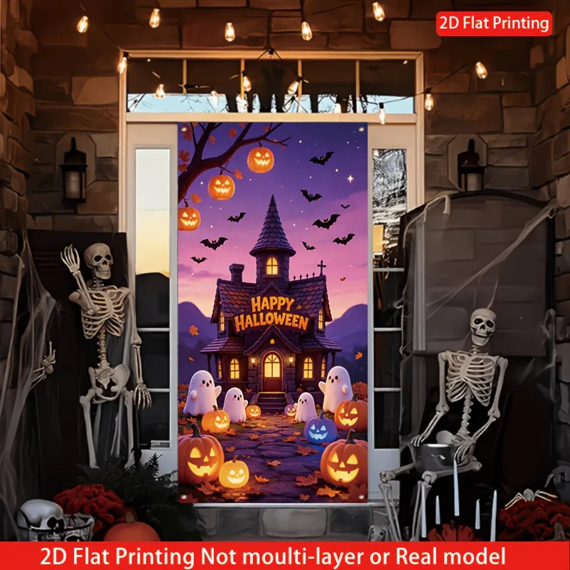 2D Halloween party decor, with a fantasy horror atmosphere style, featuring a castle and bats.zyc