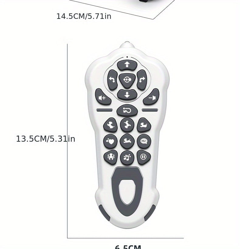 white and gray remote control with rounded edges and various function buttons including directional arrows and pet care icons for the remote control robotic dog toy with rechargeable battery