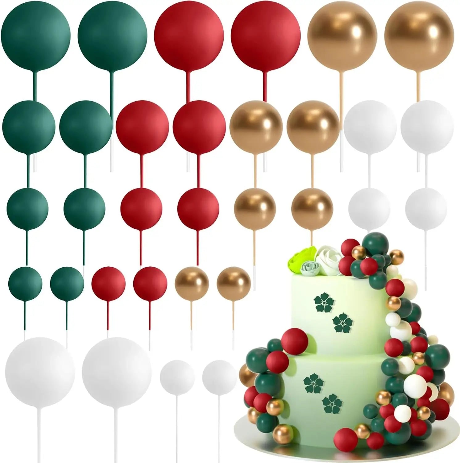 toppers de gâteau festifs en ballons en mousse verte mate, rouge brillant, or métallique et boules en mousse blanches pour la décoration de gâteau d’anniversaire et de fête de mariage.