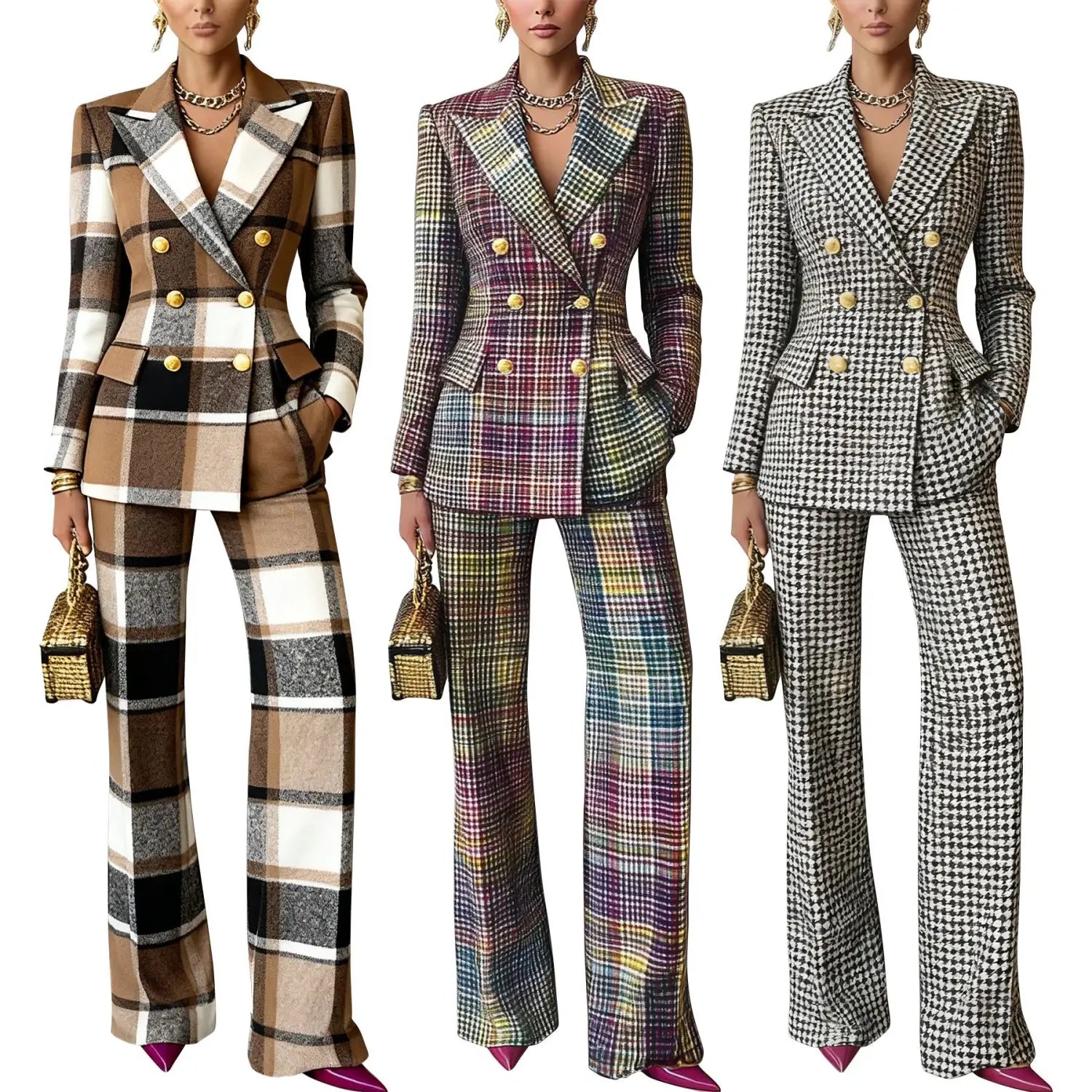 Drei Damenmodelle mit Synthetikfaser-Damen-Karo-Blazer-Hosen-Sets mit goldfarbenem Knopfverschluss in Braun und Beige, mehrfarbigem Lila und Grün sowie in Schwarz-Weiß-Hahnentritt-Optik mit ausgestellten Hosen.