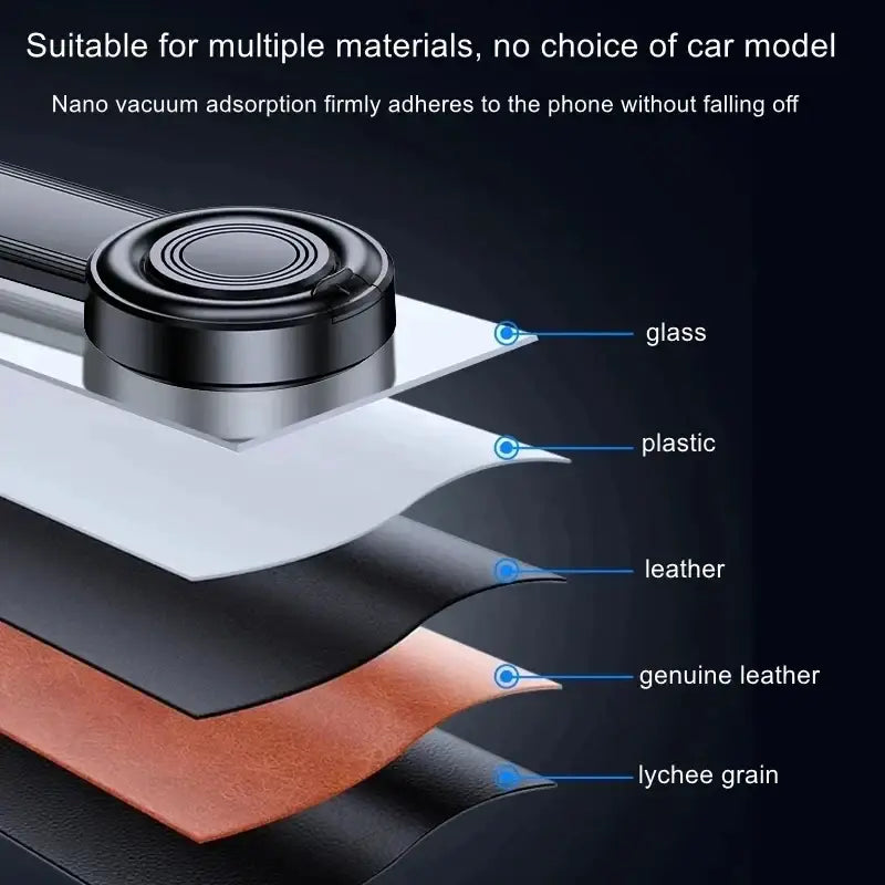 Black circular car phone mount with nano vacuum adsorption base shown from front angle on dashboard