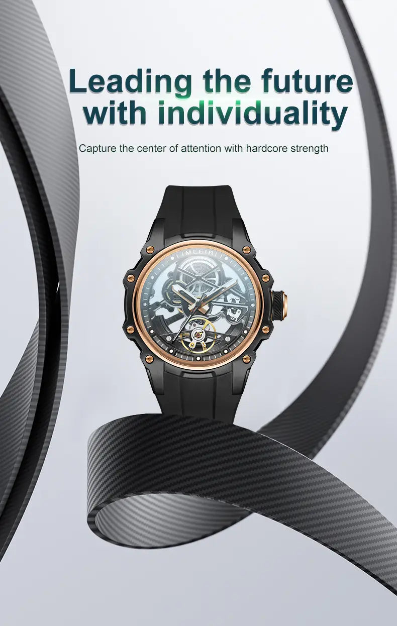 Megir automatic skeleton watch with a black rubber strap features a skeletonized dial revealing intricate mechanical gears and a gold-tone bezel with screws.