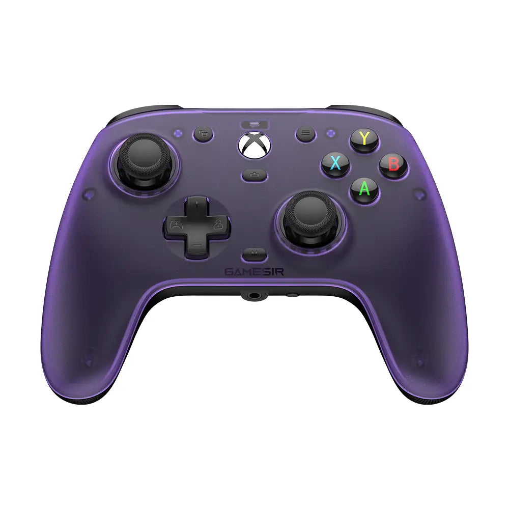 Purple translucent Gamesir G7 Xbox controller featuring magnetic faceplate with black analog sticks and colorful buttons in an accessories kit.