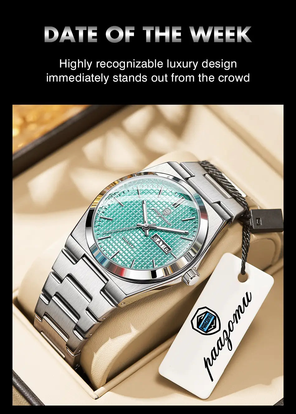 A Paazomu luxury chronograph watch in sleek silver-toned stainless steel with a textured mint green dial, date display, and elegant mesh-link bracelet.