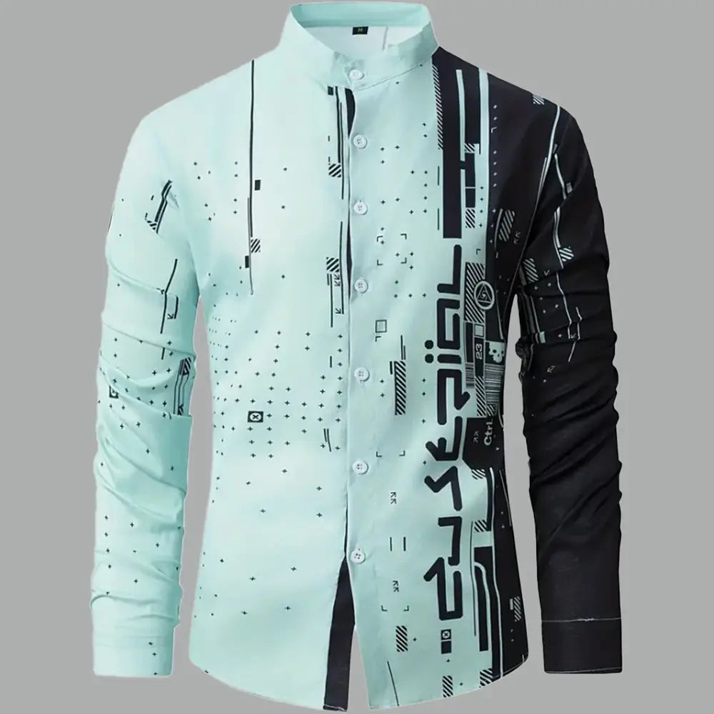 A men’s graphic button up long sleeve shirt featuring a light mint green and black geometric pattern with white buttons and a stand up collar.