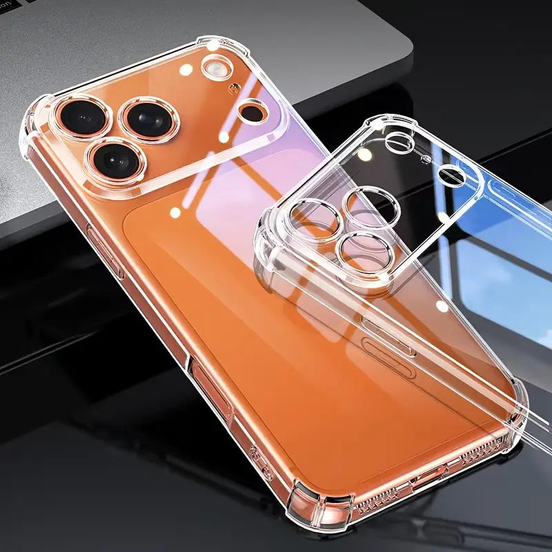 Rückseite einer iPhone-17-Pro-Max-Ultra-Thin-klaren-TPU-Hülle mit transparenter Schutzhülle, verstärkten Kanten und präzisen Aussparungen für das Kameramodul.